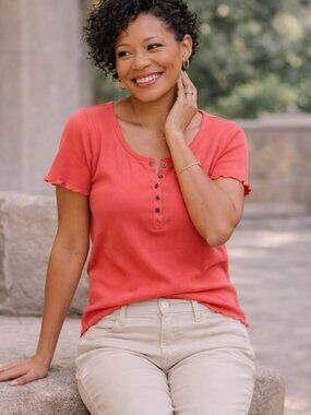 Sundance Rib Knit Henley Top Coral